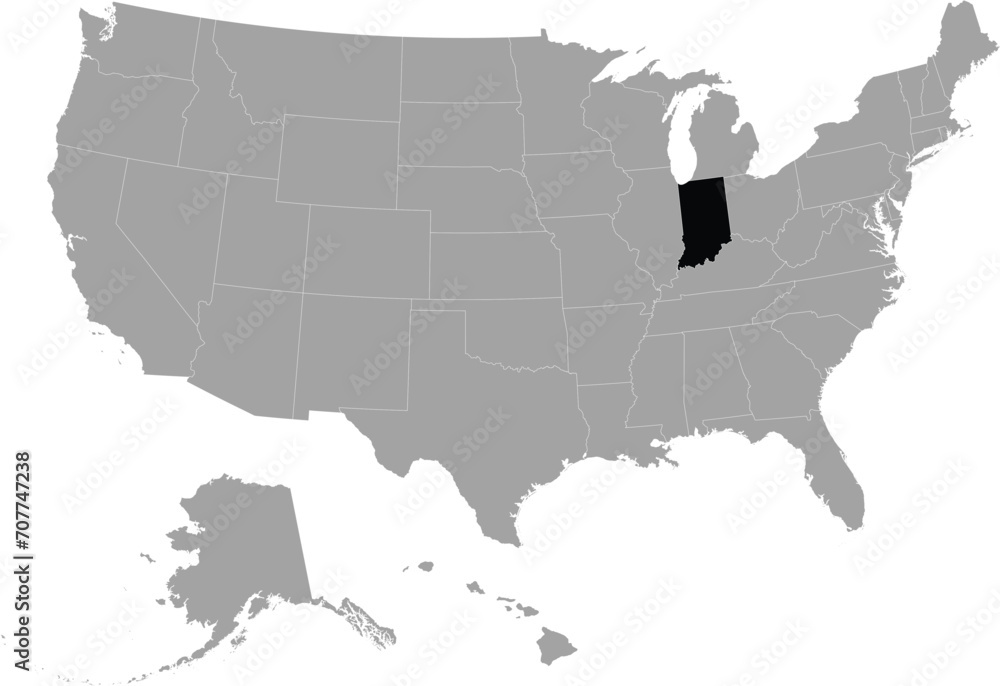 Black Map of US federal state of Indiana within gray map of United States of America