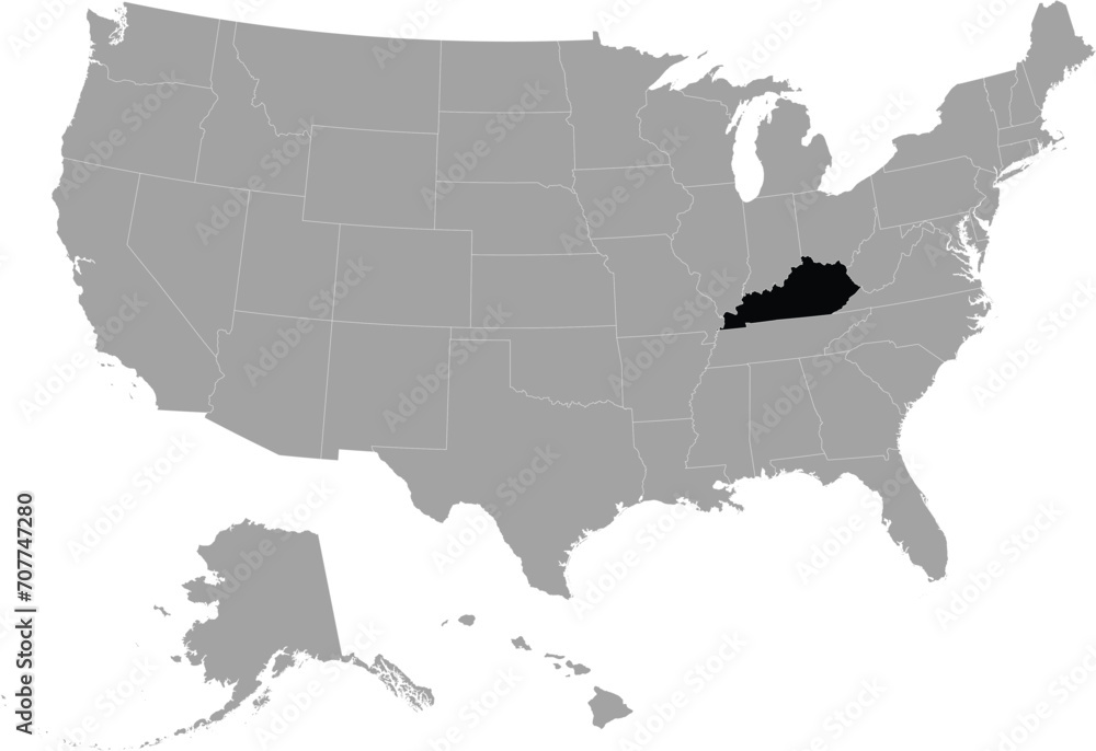 Black Map of US federal state of Kentucky within gray map of United States of America