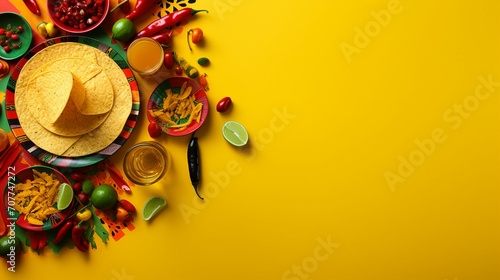 Vibrant Cinco de Mayo Fiesta Flat Lay: Celebrate Mexican Tradition with Festive Colors, Food, and Cultural Ornaments in this Lively Holiday Arrangement