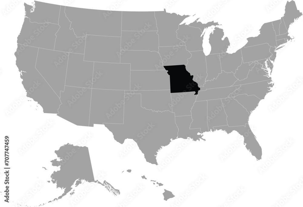 Black Map of US federal state of Missouri within gray map of United States of America