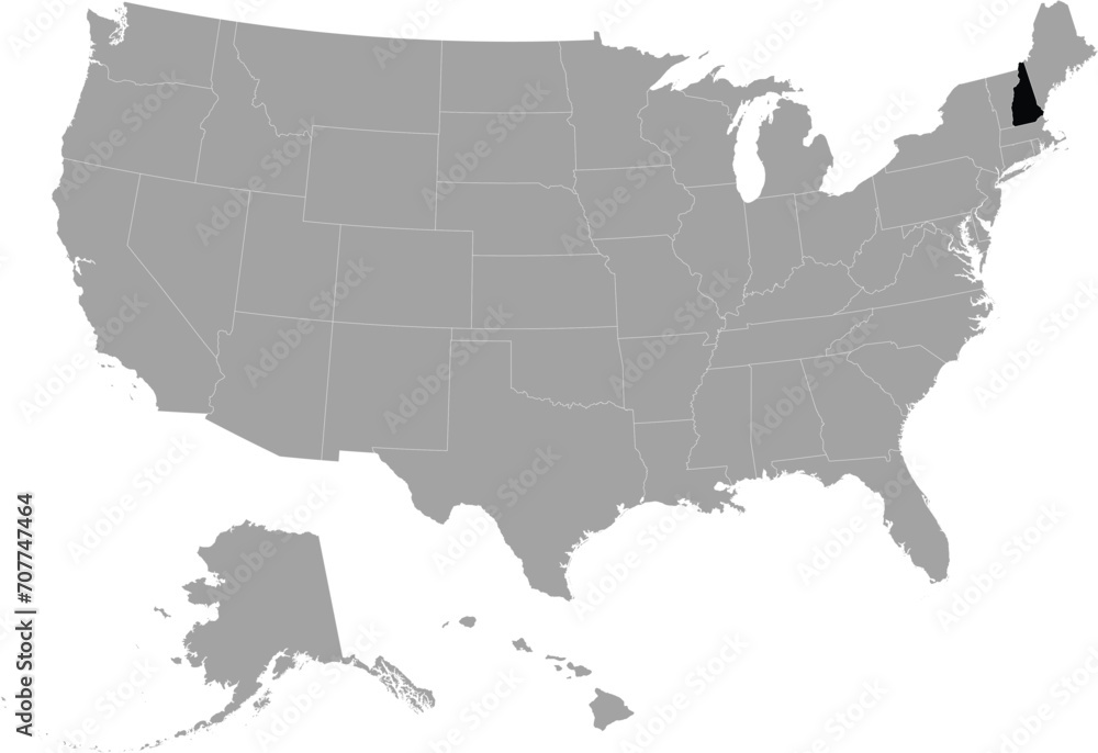 Black Map of US federal state of New Hampshire within gray map of United States of America