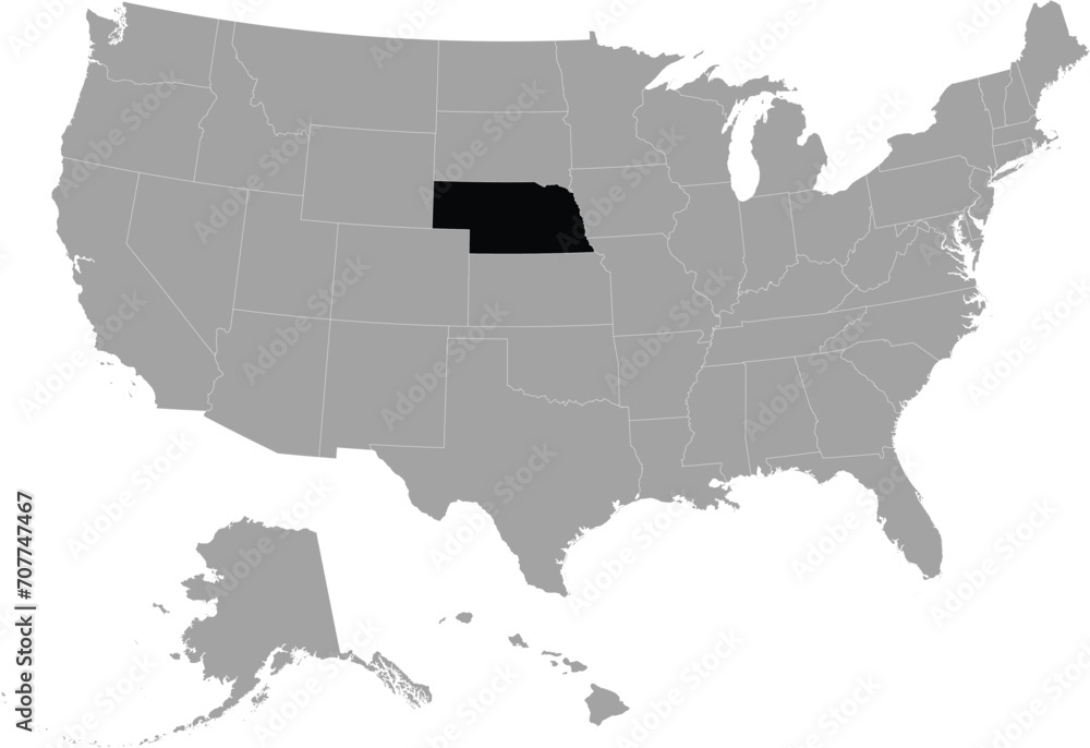 Black Map of US federal state of Nebraska within gray map of United States of America