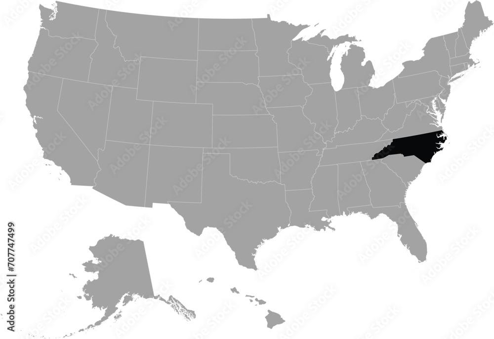 Black Map of US federal state of North Carolina within gray map of United States of America