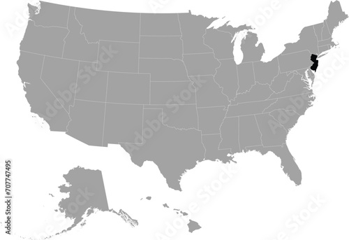 Black Map of US federal state of New Jersey within gray map of United States of America