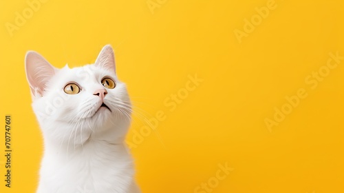 A white cat with bright yellow eyes looks up, isolated on a yellow background.