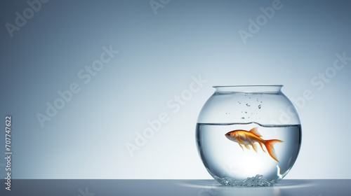 A goldfish swimming calmly in a clear water bowl against a blue gradient background.