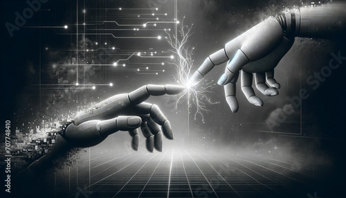 Human hand reaching towards a robotic hand in a digital environment:Humanity Meets AI

Title: 