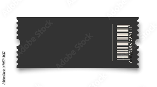 Cinema ticket realistic vector template. Retro black paper coupon for event, discount voucher mockup with barcode and text space on white background. Concert, movie, raffle, carnival blank pass photo