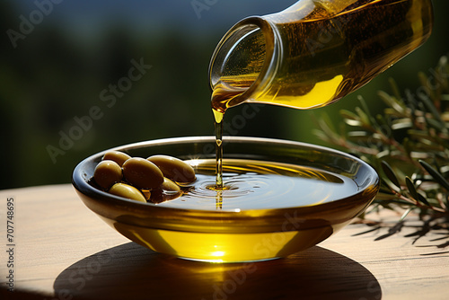 A close-up of a ceramic olive oil dispenser pouring a golden stream of olive oil into a small dish, emphasizing the richness and quality of the oil.