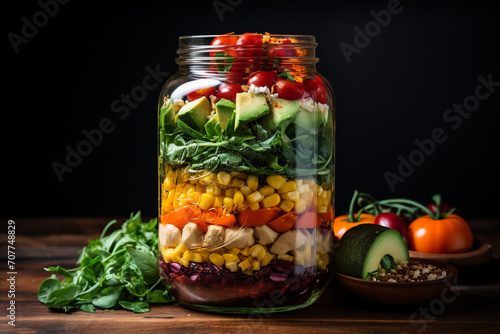 A contemporary glass jar filled with layers of colorful and nutritious ingredients for a homemade salad, showcasing healthy eating in an aesthetic manner.