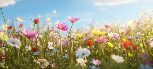 Flowers background, landscape panorama - Garden wild field of beautiful blooming spring or summer flowers on meadow, with sunshine and blue sky © Corri Seizinger