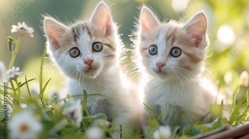 Two cute little white cats in the grass. Generative AI. © visoot