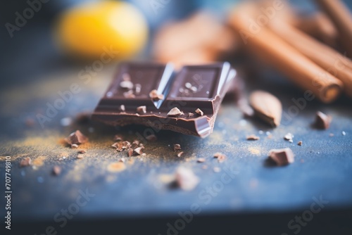 creamy almond butter on dark chocolate square, macro shot photo