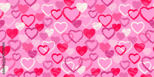 Wallpaper Mural Trendy vibrant seamless pattern with lines hearts. Pink background with textured heart silhouettes outline. Valentine, love, wedding  background. Vector hand drawn silhouettes shape.  Torontodigital.ca