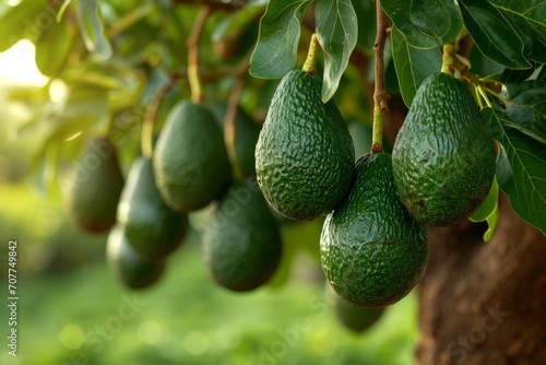 Avocado tree with lush green leaves, rich brown trunk, and hanging fruit. Garden backdrop, daylight
