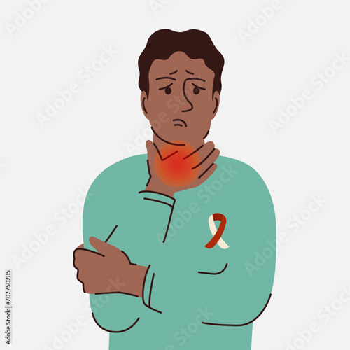 Afro man with thyroid gland disease. Throat cancer illustration male character. Endocrinology disease