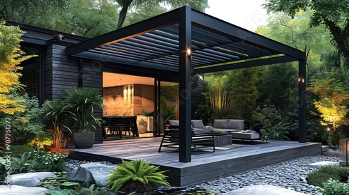 The pergola black patio design, Minimalist, tonal colors. Generative AI.