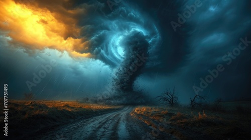 A powerful tornado moves under the road. Catastrophic natural phenomenon