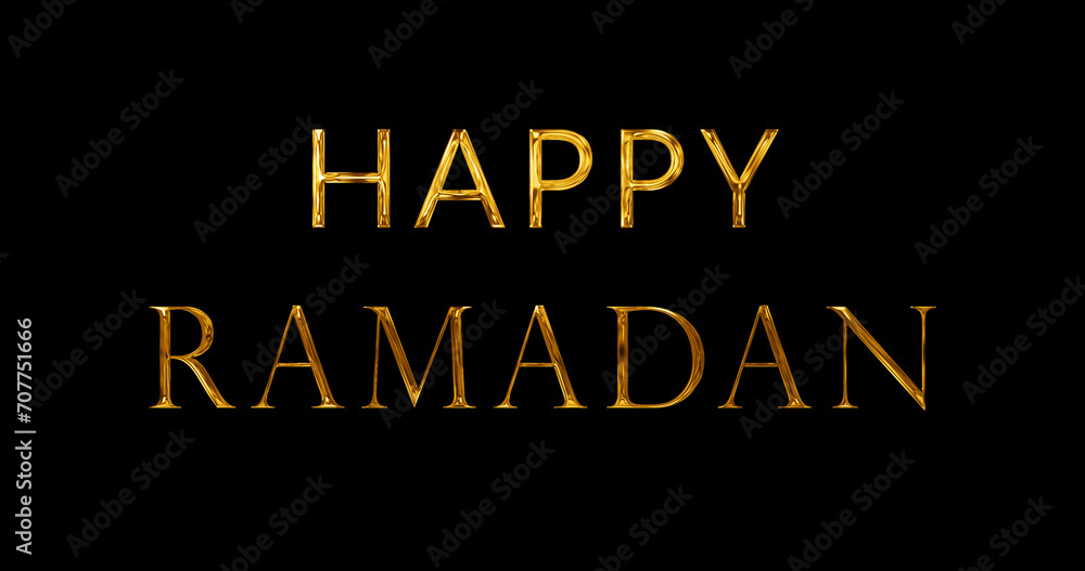 Obraz premium Golden Happy Ramadan Kareem typographic animation black bg. Celebration of holy month of Ramazan. Spiritual Islamic Arabic calligraphic golden text motion graphic. Luxurious religion lettering bg.