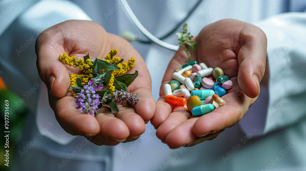 Φωτογραφία Arzt mit weißem Kittel hält in der einen Hand Naturheilpflanzen und Kräuter und