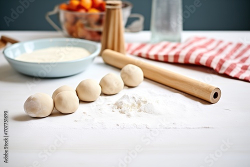 raw pizza dough balls beside a rolling pin and baking paper