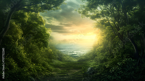Dense Forest Leading to Seaside, Bright and Mysterious Sky