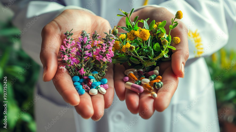 Φωτογραφία Arzt mit weißem Kittel hält in der einen Hand Naturheilpflanzen und Kräuter und