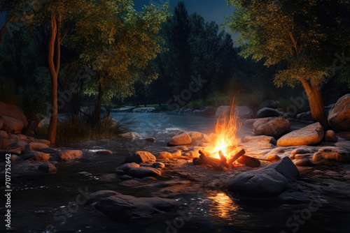 Enchanting Wilderness Night: River's Edge Campfire
