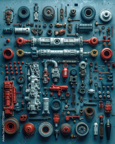 Car mechanic in the style of knolling. Generative AI.