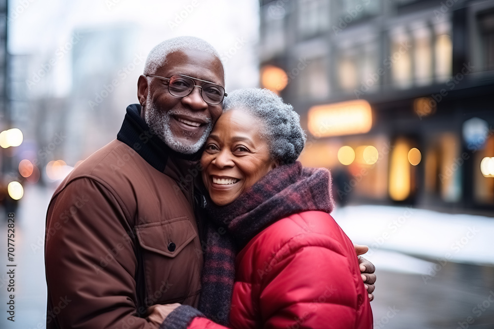 Happy black man hugging wife on city street. Happy elderly couple with joyful emotions Happy black man hugging wife on city street. Happy elderly couple with joyful emotions