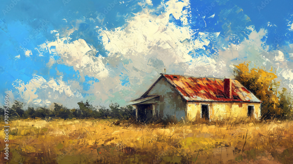 Old building in a field landscape painting