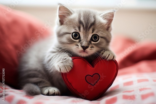 A charming cute grey kitten is playing with a red heart-shaped pillow toy. Greeting card with a cat for Valentines Day. © Nikolai
