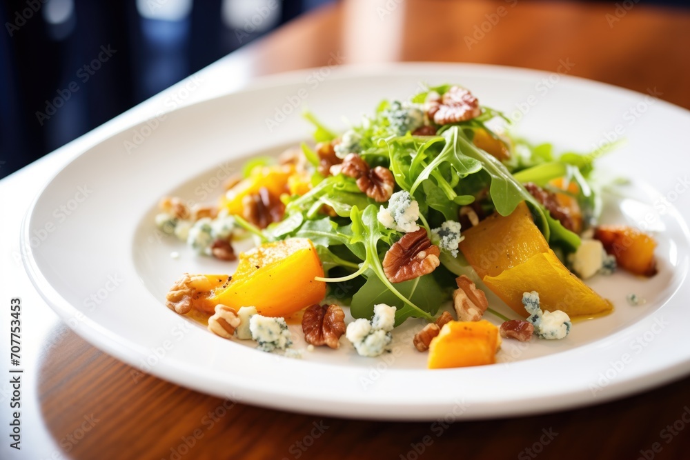 freshly plated roasted squash salad, blue cheese, walnuts, bacon bits freshly plated roasted squash salad, blue cheese, walnuts, bacon bits