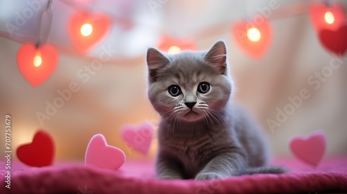 A charming cute grey kitten on a pink background with a garland in the shape of small hearts. Postcard with a cat for Valentines Day.