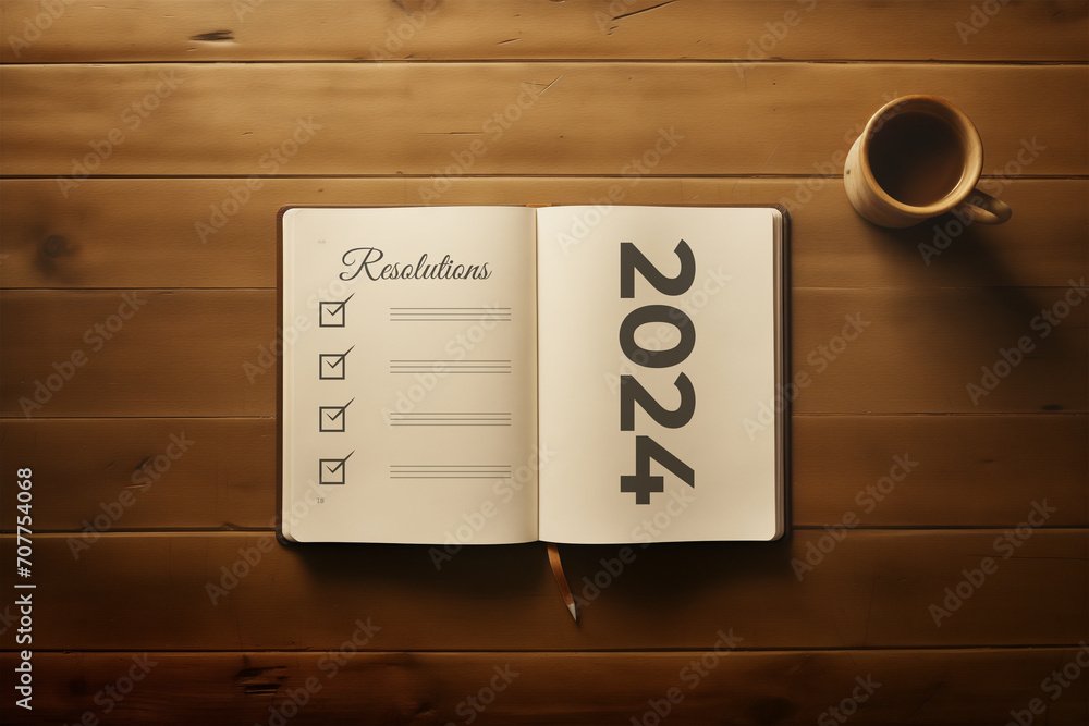 New year resolutions 2024 on desk 2024 resolutions list with notebook New year resolutions 2024 on desk 2024 resolutions list with notebook