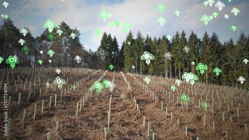 Woodland marked with pits dug for tree plantation. Restoring damaged forests for compensatory deforestation. Animation of Oxygen O2 molecule photo
