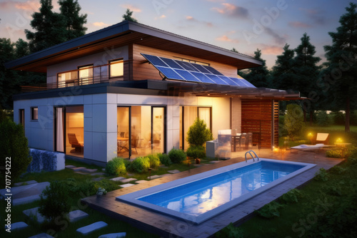 Renewable Living: Modern House Featuring Solar Panels and Relaxing Garden © Luba