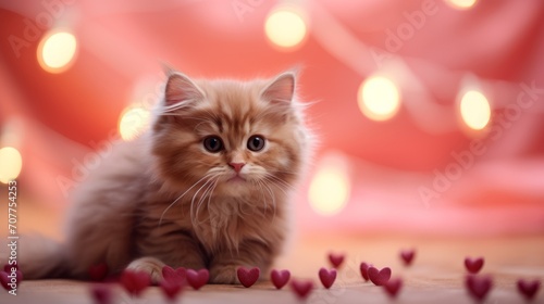 A charming cute ginger fluffy kitten with a garland on red background. Postcard with a cat for Valentines Day.