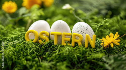 Wort "Ostern" geschrieben in Gelb Weisse Ostereiern liegen im frischen grünen Grass. Feiern, Ankündigung von Feiertag. Karte, Banner.