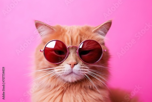 red cat portrait in pink glasses. banner with a soft pink background Peach Fuzz