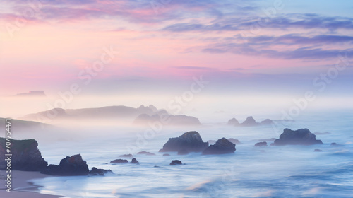 A coastal sunrise with soft pastel pinks purples © Black