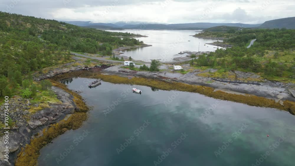 RV Campers Wild Camping at fjord in Nordland, Norway - Aerial 4k RV Campers Wild Camping at fjord in Nordland, Norway - Aerial 4k