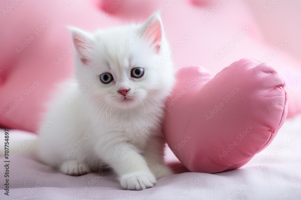Postcard with a cat for Valentines Day. A charming white fluffy kitten plays with pink pillow toy heart.