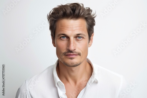 Portrait of a handsome young man in white shirt on grey background