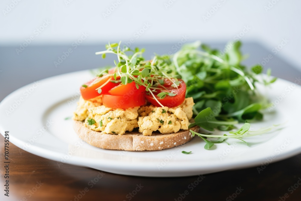 scrambled tofu on a bagel with arugula and sliced tomato scrambled tofu on a bagel with arugula and sliced tomato