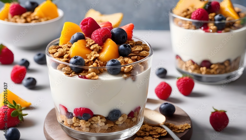 Creamy yogurt parfait adorned with granola and fruits Creamy yogurt parfait adorned with granola and fruits