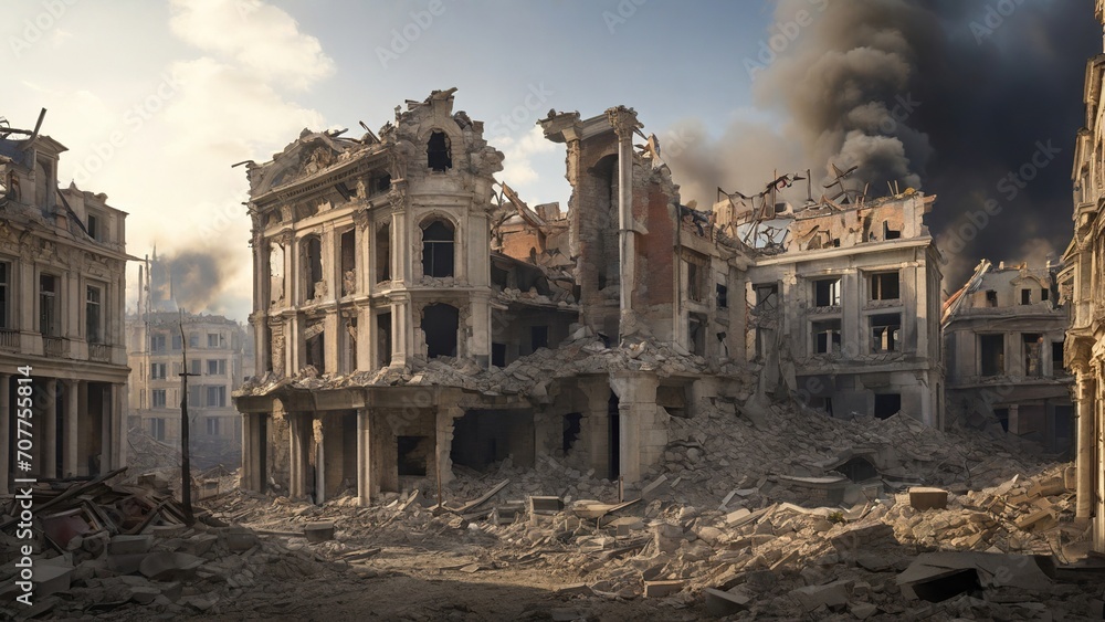 The shattered remains of the building reflect the war's destructive force