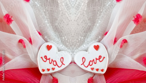 Fototapeta Naklejka Na Ścianę i Meble -  A heart shaped cookie with the word Love on a beautiful Fabric White and Red Background