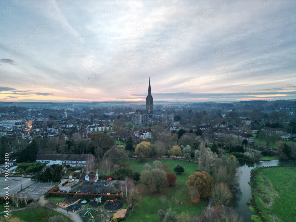 Salisbury aerial shot of Cathedral early morning 