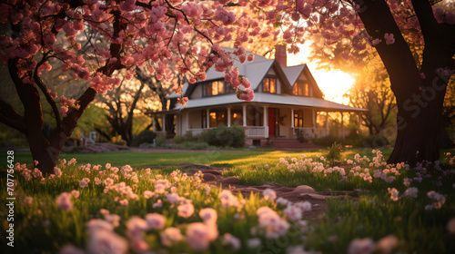 A quaint farmhouse, with blossoming cherry trees in the yard as the background, during a picturesque spring sunset